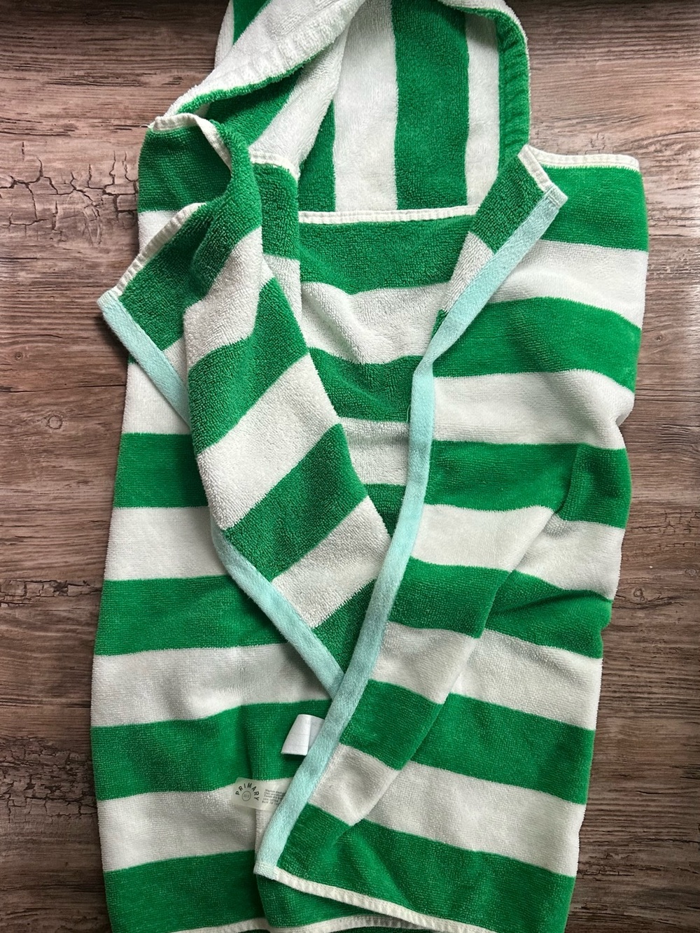 Primary Kids Hoodie Towel in Green and White Stripes